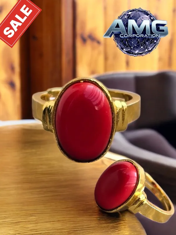 Moonga_Coral_Gemstone_Brass_Metal_Gold_Plated_Adjustable_Ring_Astrological_Purpose_For_Unisex