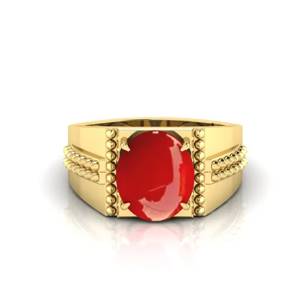 Moonga_Coral_Gemstone_Brass_Metal_Gold_Plated_Adjustable_Ring_Astrological_Purpose_For_Unisex