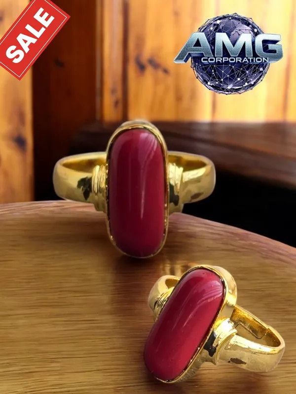 Moonga_Coral_Gemstone_Brass_Metal_Gold_Plated_Adjustable_Ring_Astrological_Purpose_For_Unisex