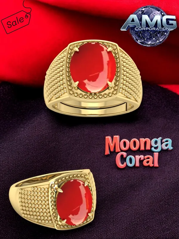 Moonga_Coral_Gemstone_Brass_Metal_Gold_Plated_Adjustable_Ring_Astrological_Purpose_For_Unisex