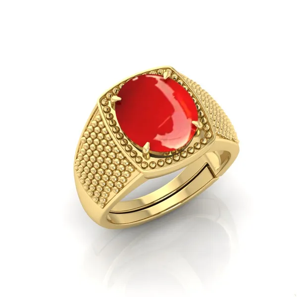 Moonga_Coral_Gemstone_Brass_Metal_Gold_Plated_Adjustable_Ring_Astrological_Purpose_For_Unisex