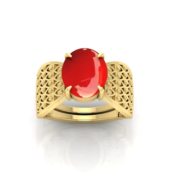 Moonga_Coral_Gemstone_Brass_Metal_Gold_Plated_Adjustable_Ring_Astrological_Purpose_For_Unisex