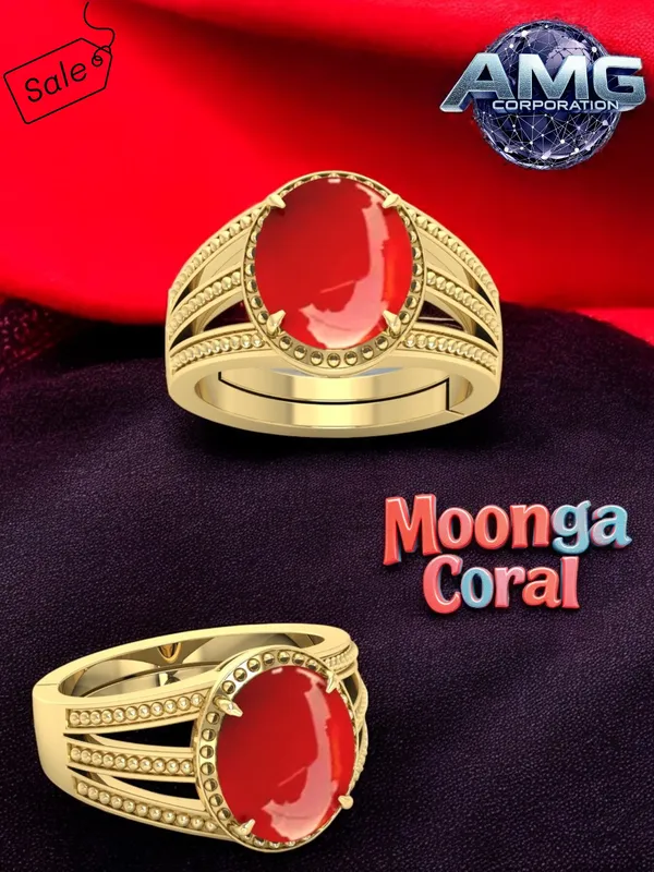 Moonga_Coral_Gemstone_Brass_Metal_Gold_Plated_Adjustable_Ring_Astrological_Purpose_For_Unisex