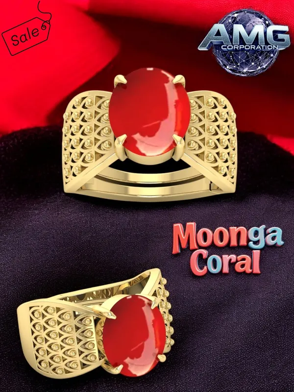 Moonga_Coral_Gemstone_Brass_Metal_Gold_Plated_Adjustable_Ring_Astrological_Purpose_For_Unisex