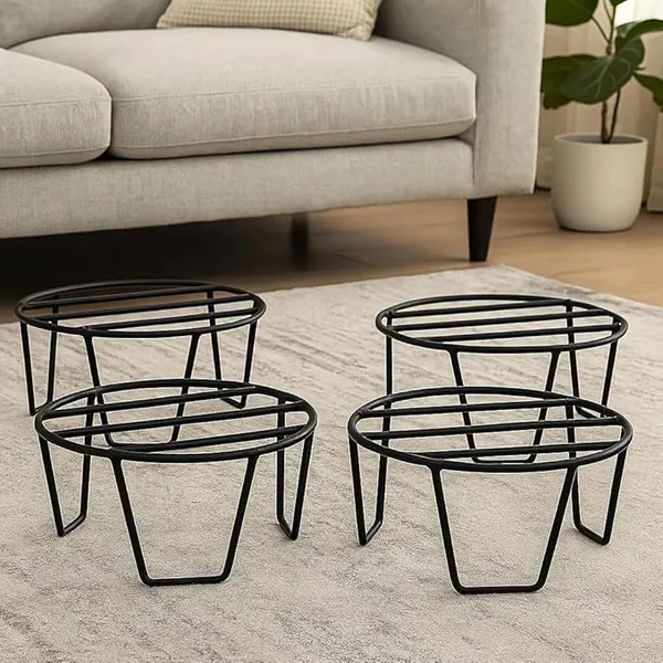 Set_Of_4_Black_Round_Metal_Flower_Pot/Plant_Stand_|_For_Home_Garden_Balcony_Living_Room_Decoration