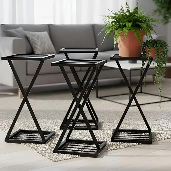 Set_of_1_Z_Shape_Plant_Stand/Flower_Shelf_|_For_Garden/Balcony/_Corner_Display/Double_Decker_Window_Planted_Stand-Black