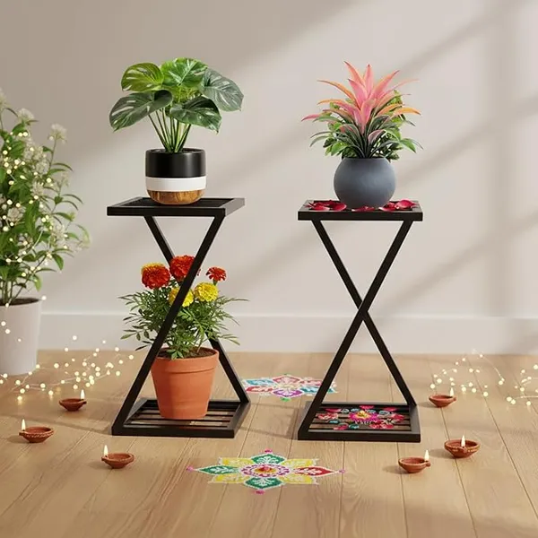 Set_Of_2_Black_Z_Shape_Plant_Stand/Flower_Shelf_|_For_Garden/Balcony/_Corner_Display/Double_Decker_Window_Planted_Stand