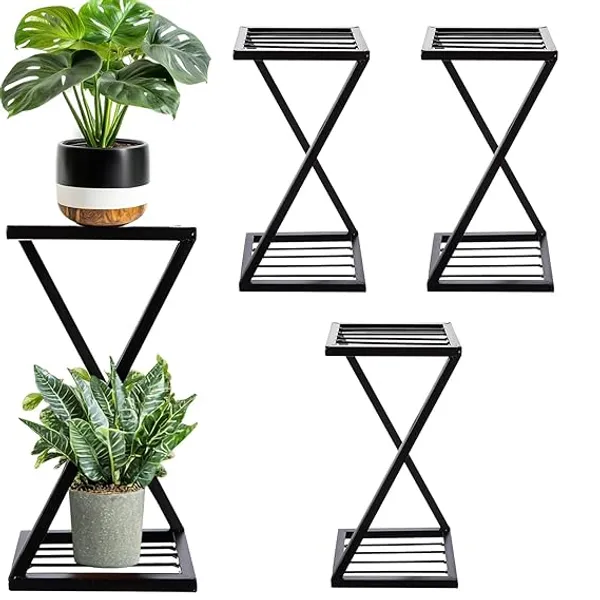 Set_Of_4_Black_Z_Shape_Plant_Stand/Flower_Shelf_|_For_Garden/Balcony/_Corner_Display/Double_Decker_Window_Planted_Stand