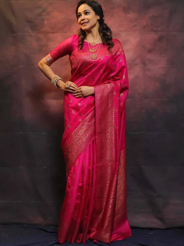 Rani_Pink_Soft_Lichi_Silk_Saree_with_Rich_Jacquard_Woven_Border_&_Designer_Blouse_|_Traditional_Banarasi_Style_Saree_for_Women