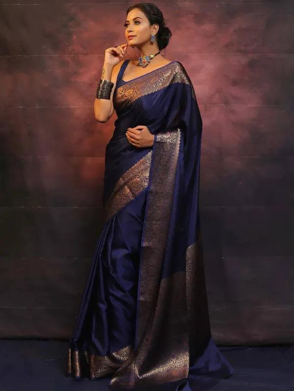 Navy_Blue_Soft_Lichi_Silk_Saree_with_Rich_Jacquard_Woven_Pallu,_Antique_Gold_Floral_Border,_Designer_Banarasi_Style_Saree