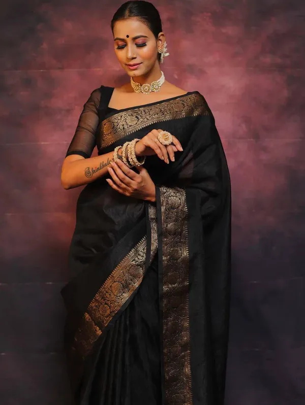 Black_Soft_Lichi_Silk_Saree_with_Rich_Jacquard_Woven_Pallu,_Antique_Gold_Floral_Border,_Designer_Banarasi_Style_Saree