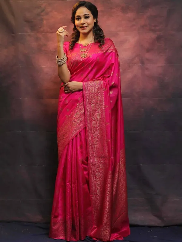 Rani_Pink_Soft_Lichi_Silk_Saree_with_Rich_Jacquard_Woven_Border_&_Designer_Blouse_|_Traditional_Banarasi_Style_Saree_for_Women
