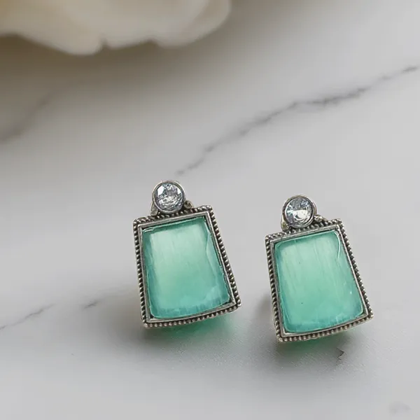 Silver_&_Green_Brass_Push_Back_Contemporary_Stud_Earring_For_Women