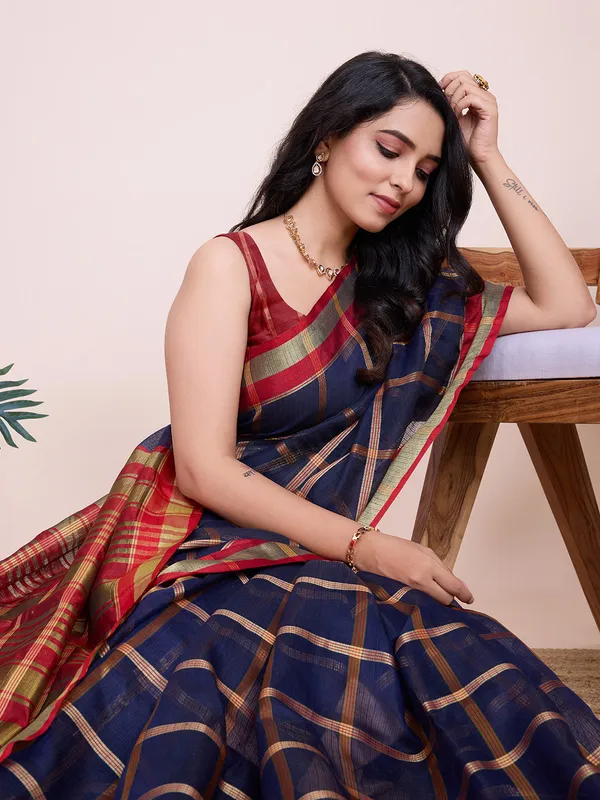 Navy_Blue_Kota_Doriya_Saree_With_Zari_Weaving_Work