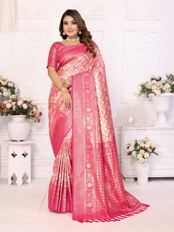 Peach_Banarasi_Chaturi_Silk_Saree_With_Zari_Weaving_Work