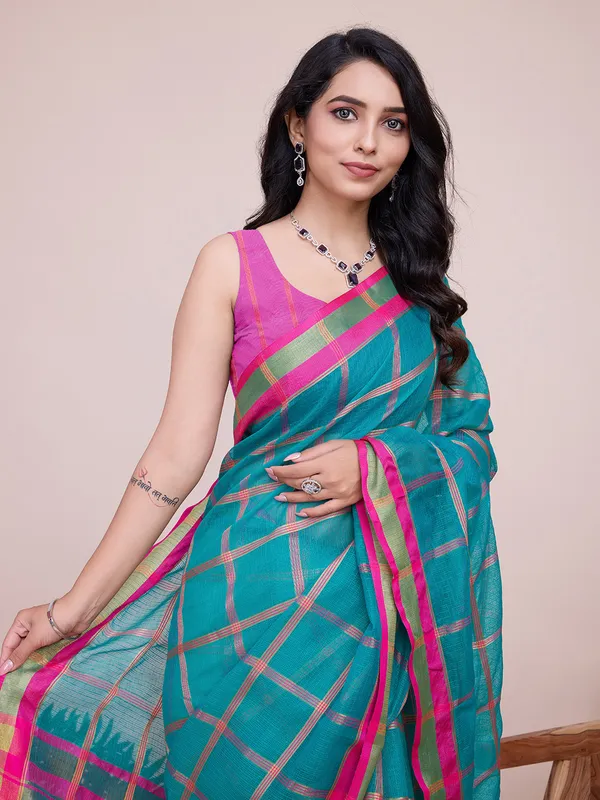 Sea_Green_Kota_Doriya_Saree_With_Zari_Weaving_Work