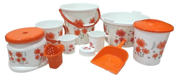 10_Piece_Set_for_Bathroom_(White_and_Orange),_Complete_Durable_&_Stylish_Essentials_Bathroom_Accessories_Set_(5_Litre)