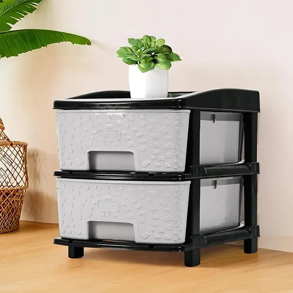 2_Layer_Black_&_Grey_Plastic_Storage_Drawer_For_Office,_Home,_Kitchen