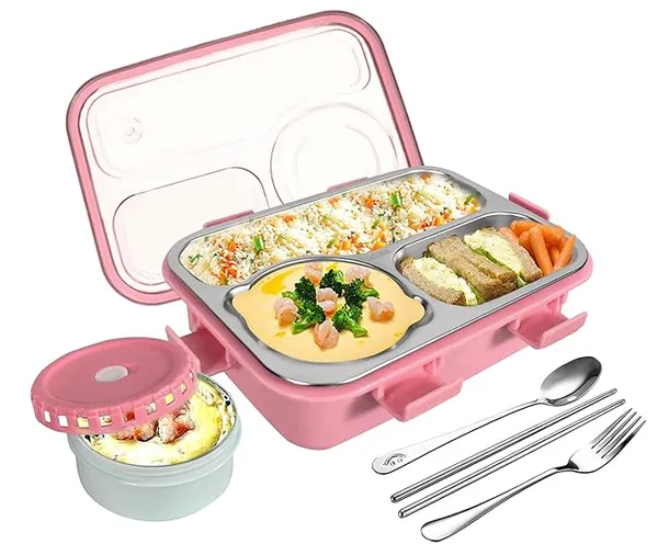 3_Compartment_Leak-Proof_BPA_Free_Stainless_Steel,_Lunch_Box_for_Kids,_Lunch_Box_for_School_&_Office_with_a_Fork,_a_Spoon_and_a_Pair_of_Chopsticks_(Pink),_750_ml