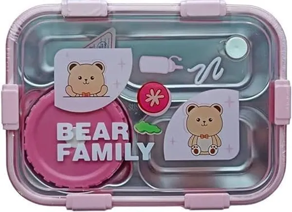 Happy_Bear_Family_Leakproof_Stainless_Steel__Pink_Lunch_Box_for_Kids_&_Adults_|_3-Compartment_Tiffin_Box_|_Bento_Box_with_Cutlery(Spoon_,_fork_&_Chopsticks)_&_Dip_Box_|_Durable_&_BPA-Free_|_Bear_Family_Design