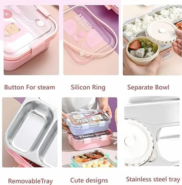 Happy_Bear_Family_Leakproof_Stainless_Steel__Pink_Lunch_Box_for_Kids_&_Adults_|_3-Compartment_Tiffin_Box_|_Bento_Box_with_Cutlery(Spoon_,_fork_&_Chopsticks)_&_Dip_Box_|_Durable_&_BPA-Free_|_Bear_Family_Design