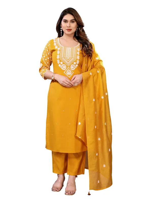YELLOW_CHANDERI_COTTON_KURTA_PANT_AND_DUPATTA_SET