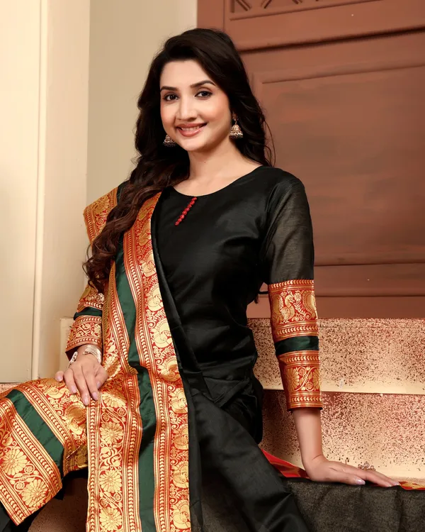 BLACK_KANCHI_COTTON_KURTA_PANT_AND_DUPATTA_SET