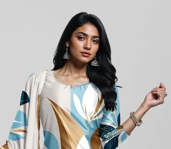 White_&_Blue_Leaf_Print_Silk_Cotton_Kurta_Pant_&_Dupatta_Set_For_Women