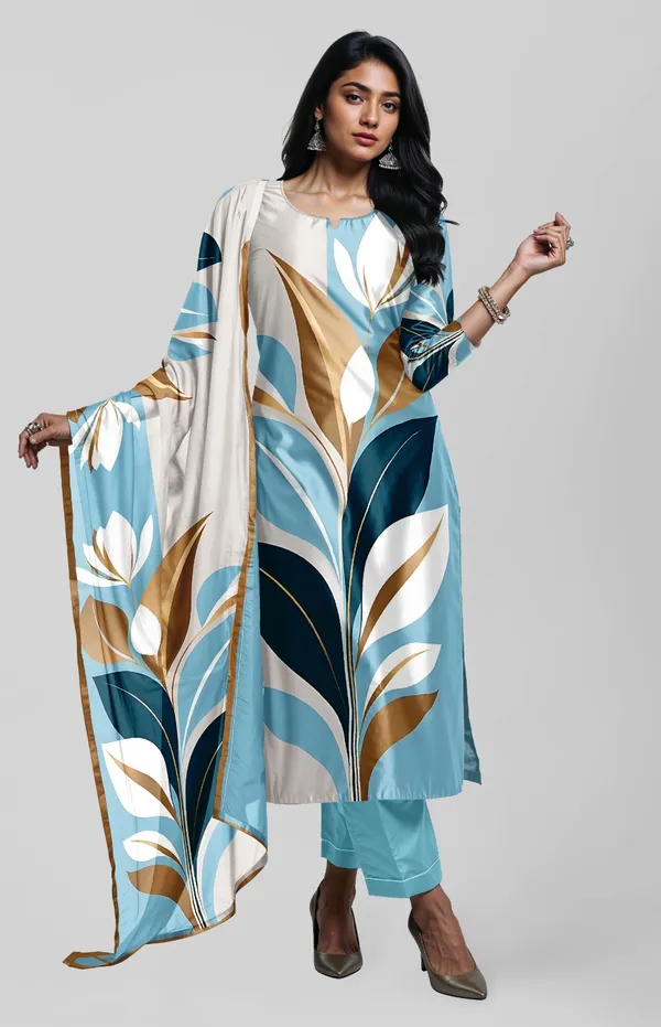 White_&_Blue_Leaf_Print_Silk_Cotton_Kurta_Pant_&_Dupatta_Set_For_Women