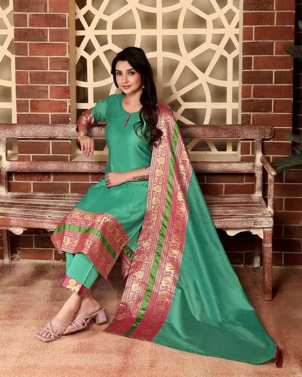 GREEN_KANCHI_COTTON_KURTA_PANT_SET_WITH_DUPATTA