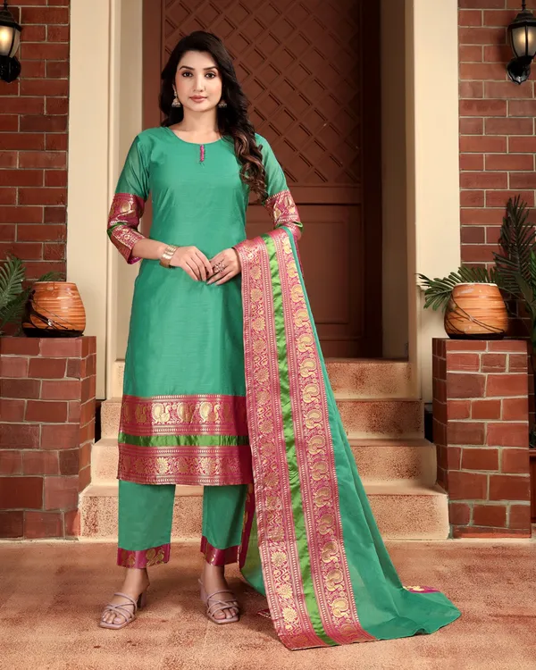 GREEN_KANCHI_COTTON_KURTA_PANT_SET_WITH_DUPATTA