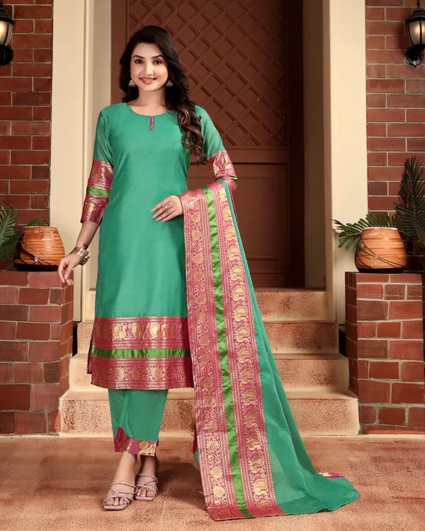 GREEN_KANCHI_COTTON_KURTA_PANT_SET_WITH_DUPATTA