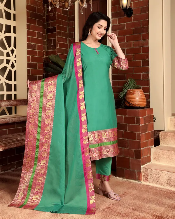 GREEN_KANCHI_COTTON_KURTA_PANT_SET_WITH_DUPATTA
