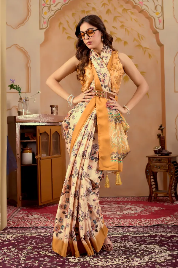 Cream_Floral_Print_Complemented_by_Mustard_Yellow_with_Golden_Border_Saree
