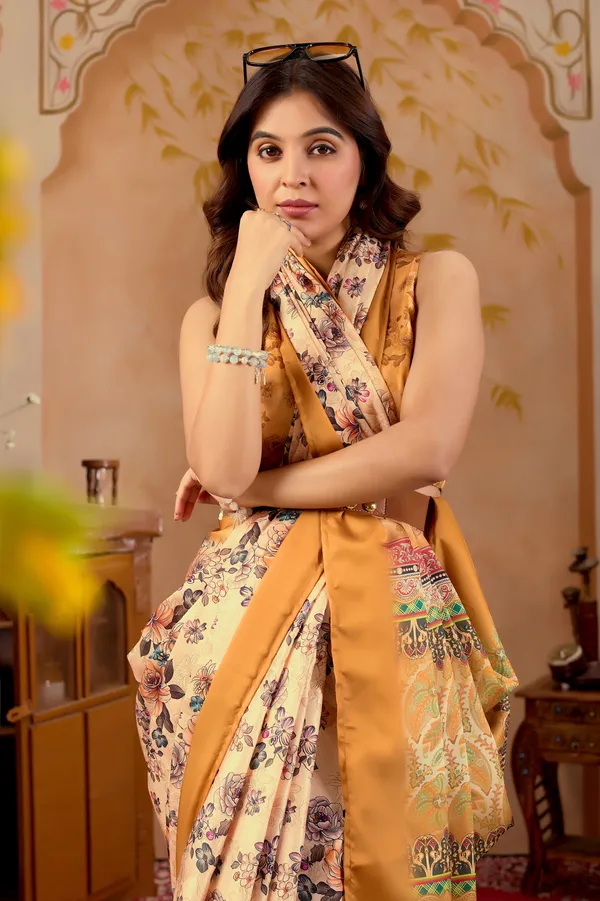 Cream_Floral_Print_Complemented_by_Mustard_Yellow_with_Golden_Border_Saree