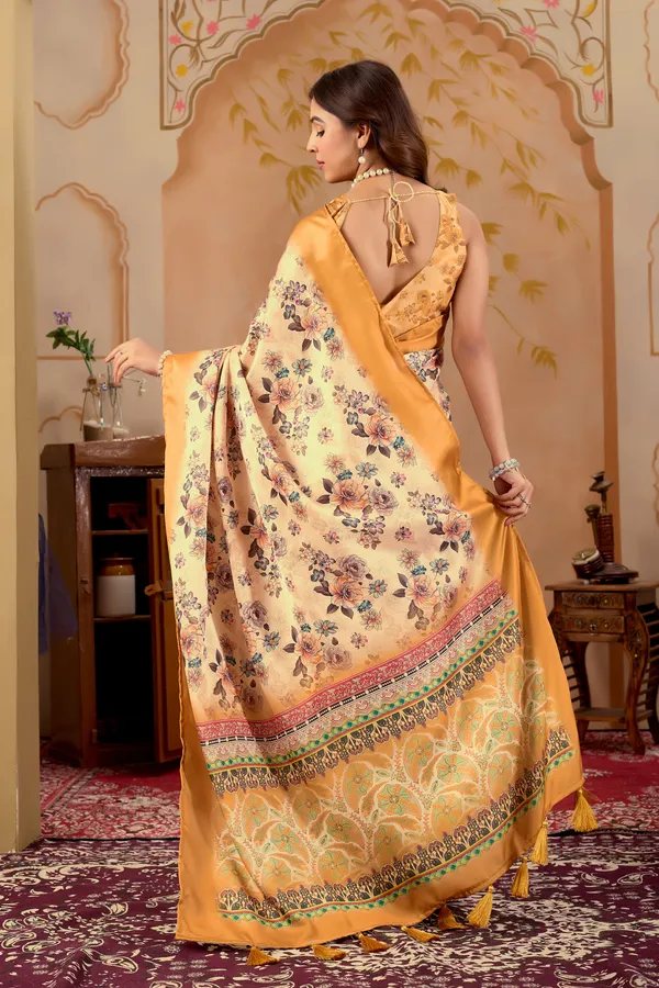 Cream_Floral_Print_Complemented_by_Mustard_Yellow_with_Golden_Border_Saree