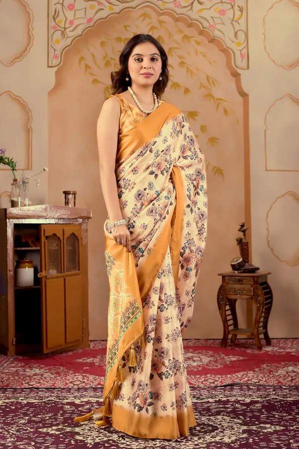 Cream_Floral_Print_Complemented_by_Mustard_Yellow_with_Golden_Border_Saree
