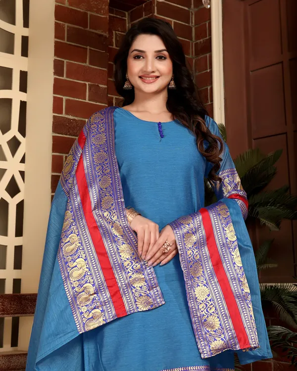 BLUE_COTTON_KURTA_PANT_SET_WITH_DUPATTA