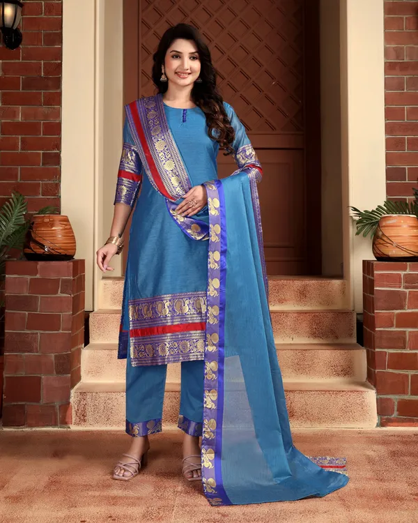 BLUE_COTTON_KURTA_PANT_SET_WITH_DUPATTA