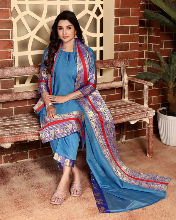 BLUE_COTTON_KURTA_PANT_SET_WITH_DUPATTA
