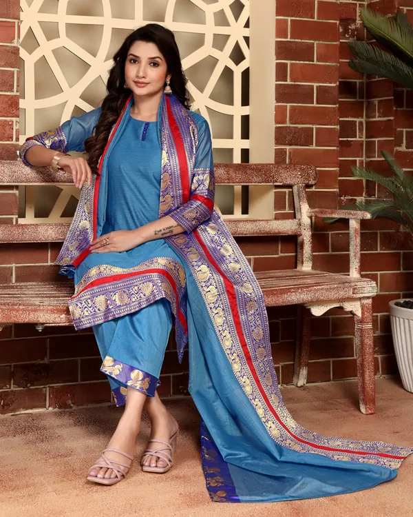 BLUE_COTTON_KURTA_PANT_SET_WITH_DUPATTA