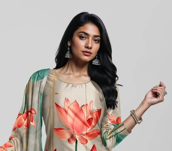 Lotus_Print_Silk_Cotton_Kurta_Pant_&_Dupatta_Set_For_Women