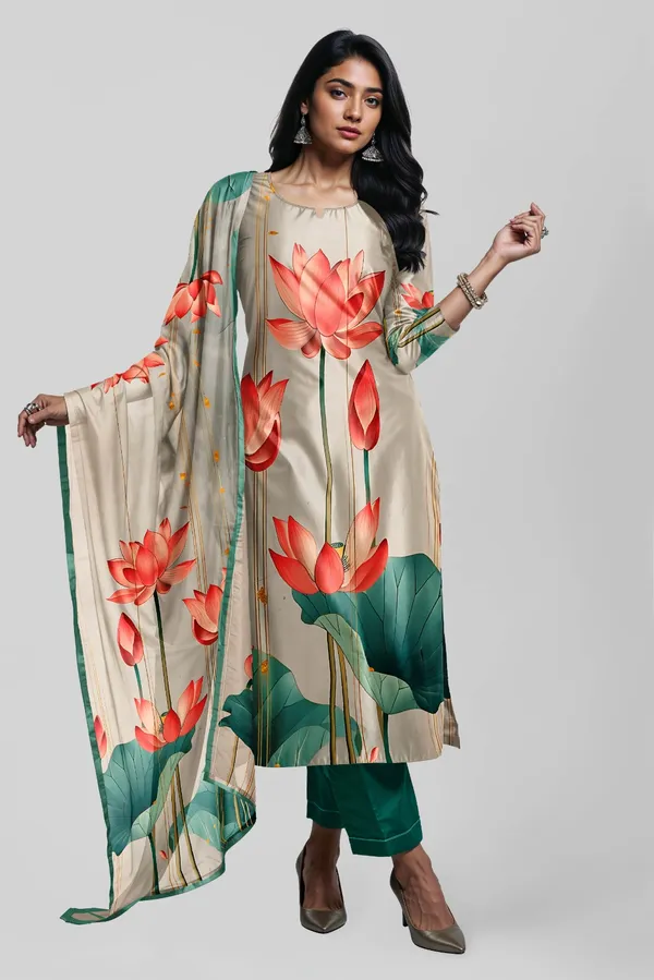 Lotus_Print_Silk_Cotton_Kurta_Pant_&_Dupatta_Set_For_Women