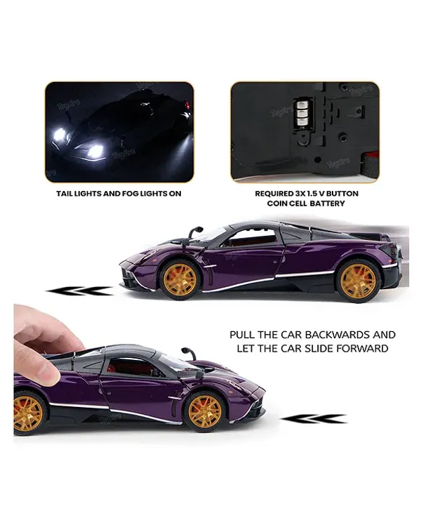 Pagani_Huayra_Dinastia_1:32_Scale_Metal_Pull_Back_Model_Car_with_Lights_and_Sound_for_Kids_-_Purple_(20cm_x_9.8cm_x_5cm)_,_multicolour