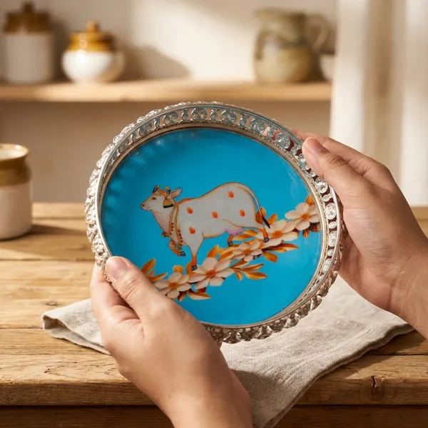 Cow_And_Calf_German_Silver_Pichwai_Print_Tray