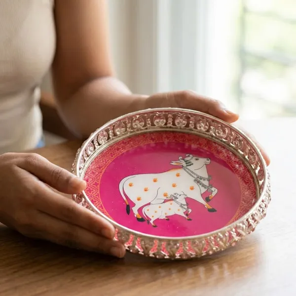 Cow_And_Calf_German_Silver_Pichwai_Print_Tray