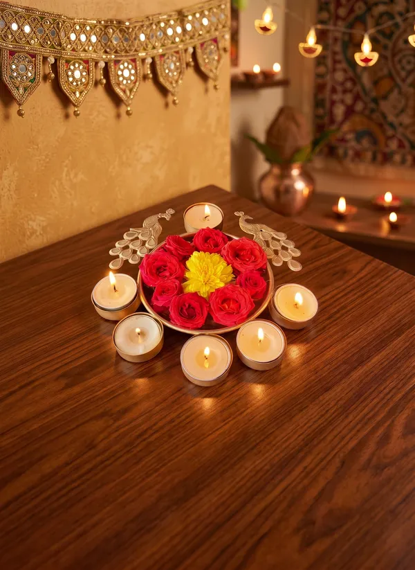 Traditional_Golden_Finish_Urli_Twin_Peacock_Centerpiece_with_6_T-Light_Holders_for_Festive_&_Pooja_Decor_10"