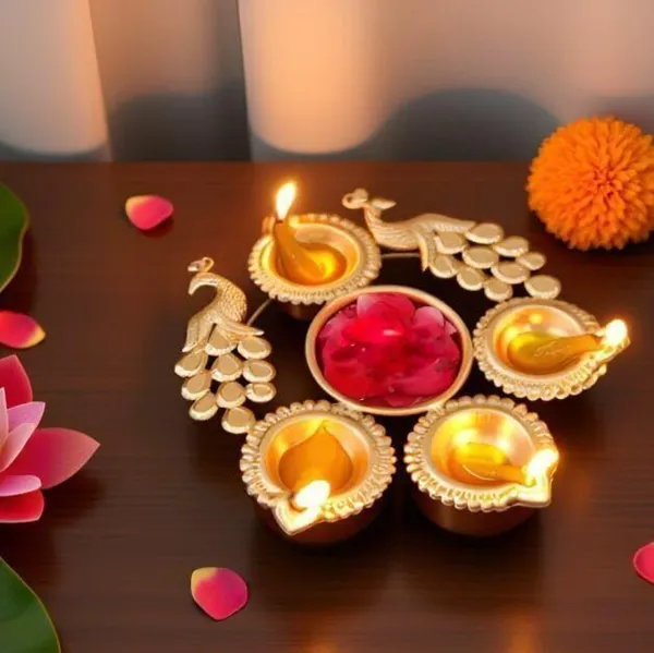 Twin_Peacock_Gold_Urli_Bowl_with_4_Tealight_Candle_Holders_for_Home_Decor_8"