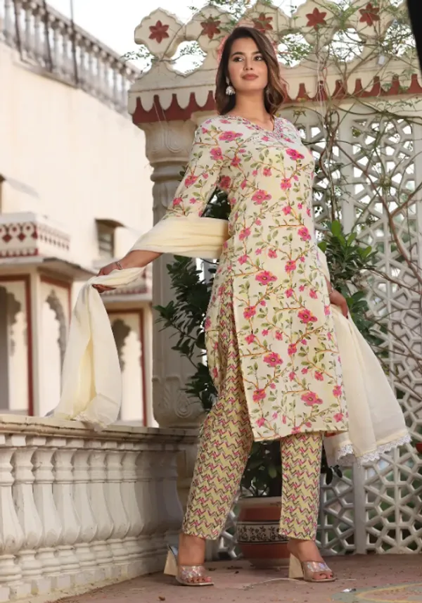 Yellow_Straight_Cotton_Printed_Embroidered_Kurta_With_Pant_And_Dupatta