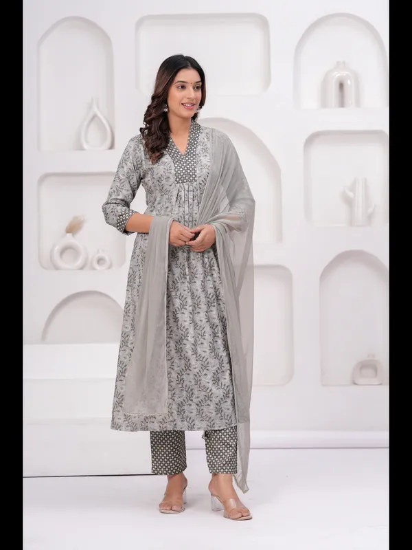 Grey_Printed_A-line_Rayon_Kurta_With_Pant_And_Dupatta